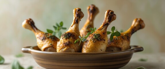 Garlic herb roasted chicken drumsticks in brown ceramic dish National Curried Chicken Day.