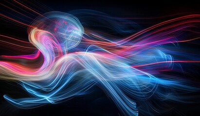 Fototapeta premium In an unfocused street town bathed in red and orange lights and marked by abstract, continuous lines and perspectives, fast-moving light sources generate a blur, used as a copy space background