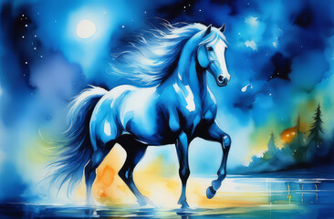 Magic Bright Blue horse Watercolor Drawing