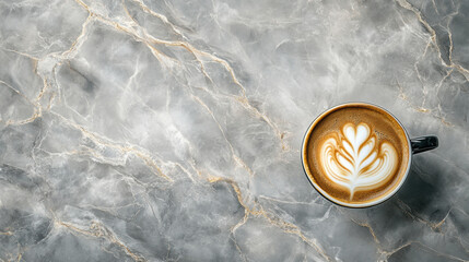 Naklejka premium top down shot of cappuccino cup with latte art on marble surface, showcasing intricate design and warm colors of drink