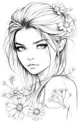 A woman with blonde hair and a flowery headband is the subject of the drawing. The drawing is of a woman with a flowery headband, and it is a beautiful and artistic representation of the woman