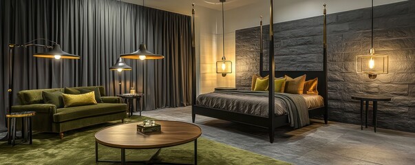 A sophisticated bedroom with slate walls, an elegant black four-poster bed, and plush olive green seating