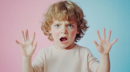 upset toddler boy with hands raised