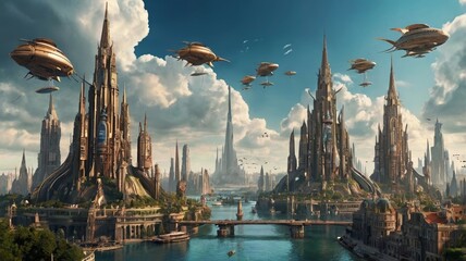 Fototapeta premium Futuristic cityscape with towering castles, aerial vehicles, and serene waterways during daytime