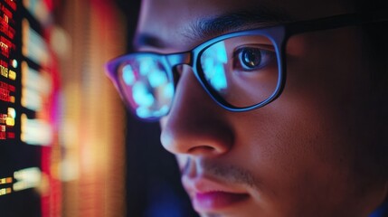 man in glasses focused on computer screen with data