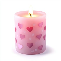 Pink candle with a soft glow and heart motifs, isolated on a white background for Saint Valentines Day