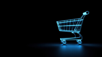 glowing neon shopping cart icon with sleek design against dark background, symbolizing modern retail and online shopping experiences