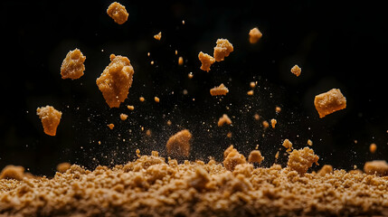 Fototapeta premium Crumbled cookie pieces flying, dark background. Food photography for packaging