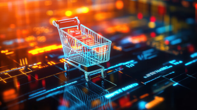 Digital shopping cart with glowing elements and data background, symbolizing e commerce and online retail. vibrant colors and futuristic design evoke sense of innovation and technology
