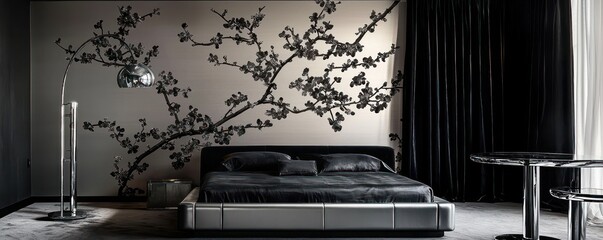 A sophisticated bedroom with a wall mural of black cherry blossoms, complementing an elegant black and silver color scheme