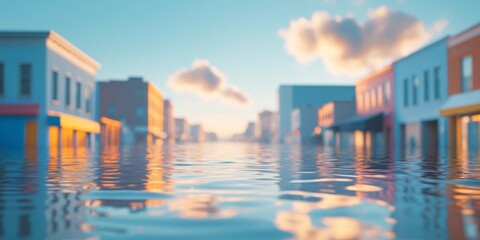 Fototapeta premium Flooded Street Scene with Sunshine and Reflection on Water