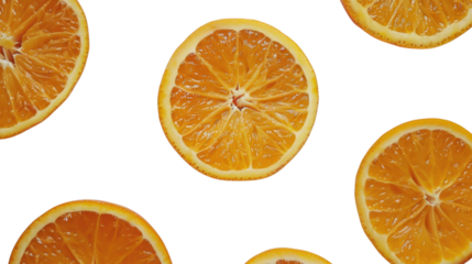 Sliced oranges floating on transparent background representing freshness and vitamin c