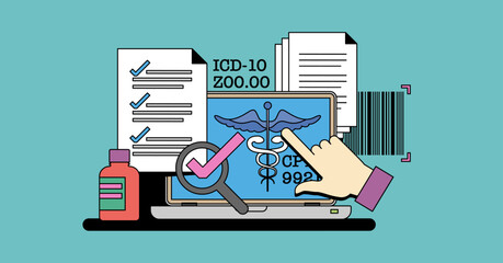 Medical coding training with hands using tech tools, key objects, laptop, magnifying glass, documents. Neubrutalism hands concept