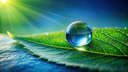 A glistening orb of water rests gently upon a vibrant green leaf, bathed in the warm glow of sunlight, a serene image representing the delicate balance of nature