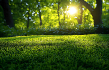 Naklejka premium Beautiful blurred background of lush green grass and trees in the sunlight with a bokeh, field, sky, sunset, landscape, grass, nature, meadow, sun, green, 