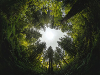 Looking up in green forest with tall trees., 360 big circle forest.