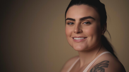 Transgender woman with butterfly tattoo confidently posing in studio, neutral background with copy space highlighting personal expression and genuine self-representation.