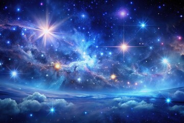 Fototapeta premium Celestial Panorama A Dreamlike Vision of a Starry Night Sky Above a Cloud-Covered Planet, Featuring Radiant Stars and Nebulous Wonders
