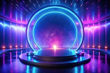Futuristic Stage Design with Neon Lights and Circular Platforms for Product Showcase or Presentation
