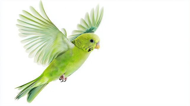 Green parakeet flying with extended wings, soaring gracefully against pristine white backdrop with copy space, highlighting sleek plumage and aerial agility