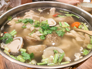 Thai Spicy tom yam chicken clear soup , tom yum kai,