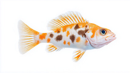 Fototapeta premium Top view of sea bass revealing vibrant orange-brown patterns, distinctive fins highlighting marine elegance against pristine white surface