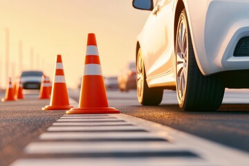Car Driving School with Cones on Asphalt and Blurred Background
