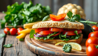 sandwich, wholegrain bread, fresh vegetables, tomatoes, lettuce, wooden cutting board, rustic table, vibrant colors, healthy food, appetizing, close-up, food photography, natural lighting, artisanal, 