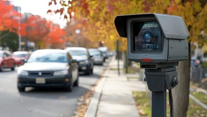 Traffic Camera on Sidewalk with Cars in the Background