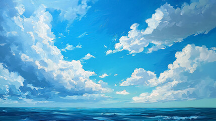 Obraz premium A picturesque blue sky meeting the ocean horizon.