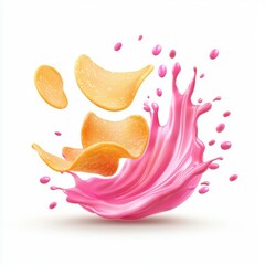 floating chips with pink sauce splashes, isolated on a white background