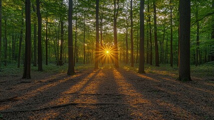 Fototapeta premium Sunbeams Illuminate a Forest Path at Sunset