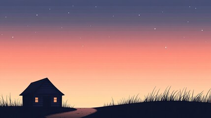 Serene sunset over a quiet countryside with a small house and starry sky in the background