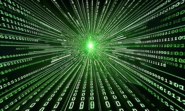 Digital data stream, fast speed, glowing core, abstract background, tech concept