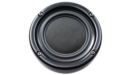 Black audio speaker emitting sound waves with transparent background