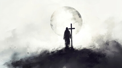 Silhouette of Jesus carrying the cross against a luminous moon in a serene watercolor style