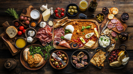 Spanish cuisine food Spain dishes traditional meal, vector restaurant menu cover. Spanish cuisine food, coffee drinks and tapas, noodle paella fideua with seafood, garlic soup and cod fish