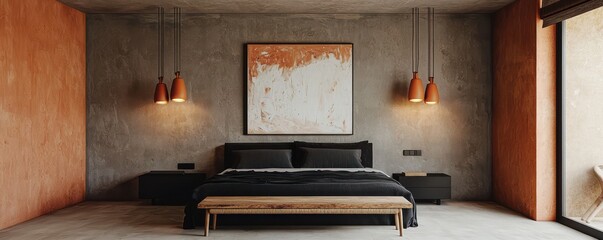 A spacious bedroom with minimalist design, featuring concrete walls painted a soft terracott  complemented by black accents