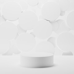 White abstract stage mockup - round podium for presentation cosmetic products, branding, goods, advertising, sale. Flying circles decor. Template 3D illustration modern gentle airy geometric scene.