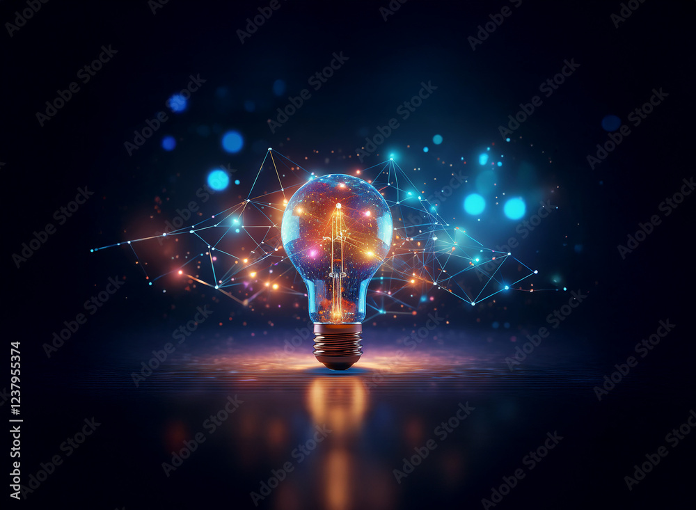 Poster a glowing lightbulb, radiating energy and interconnectedness, sits on a dark reflective surface. sur