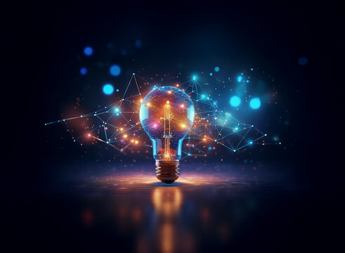 A glowing lightbulb, radiating energy and interconnectedness, sits on a dark reflective surface.  Surrounding it, a network of vibrant blue and orange lines creates a sense of innovation and connectio