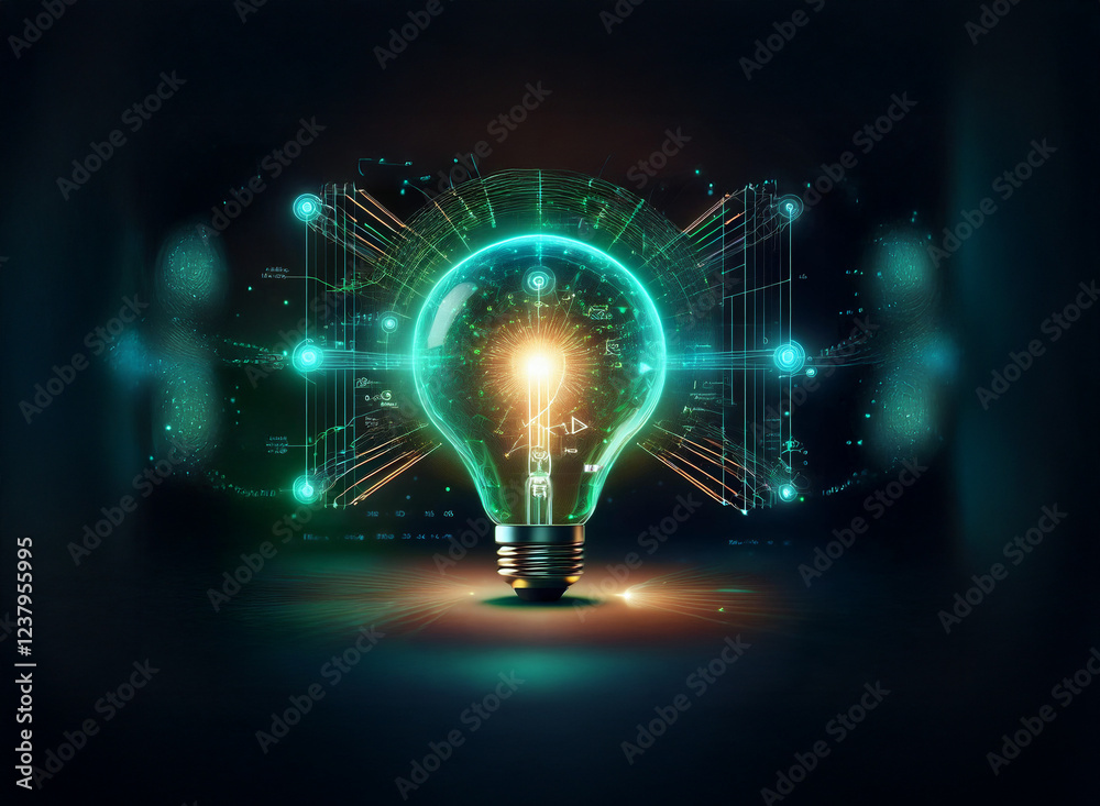 Poster a glowing lightbulb, digitally enhanced with vibrant teal circuitry, symbolizes innovation and techn