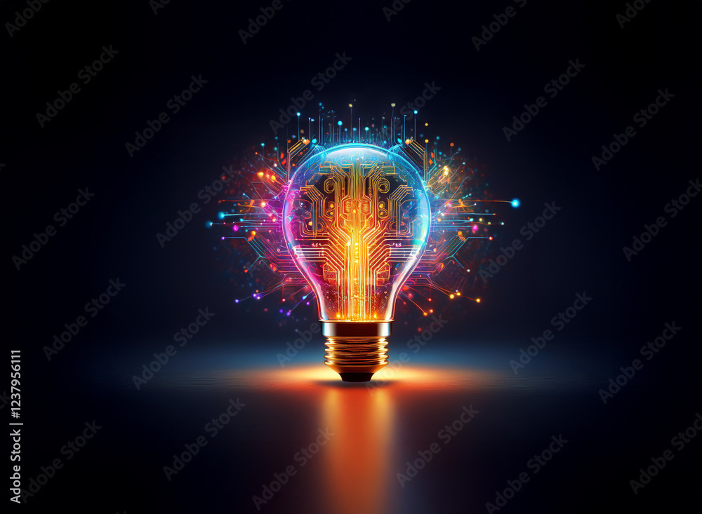Poster a glowing lightbulb, filled with vibrant circuitry and radiating energy, symbolizes innovation and t