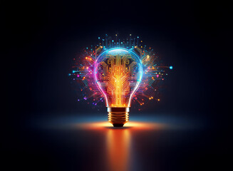 A glowing lightbulb, filled with vibrant circuitry and radiating energy, symbolizes innovation and technological advancement.  Its colorful explosion of light suggests a burst of creativity and new id