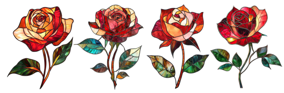 Set of elegant stained glass roses with vibrant colors, isolated on transparent cutout background