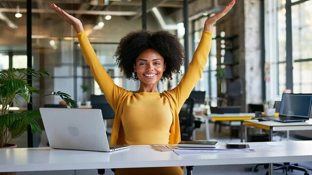 Final Email Success with Stretching and Smiling Woman