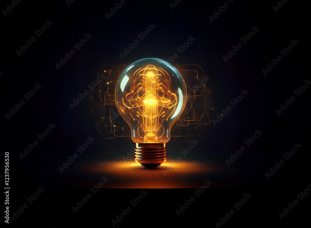 Poster a glowing lightbulb, seemingly filled with intricate circuitry, illuminates the darkness. the warm l