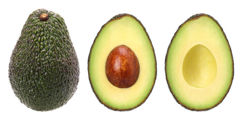 Hass avocado and Avocado cut in half isolated, transparent PNG, PNG format, cut out.