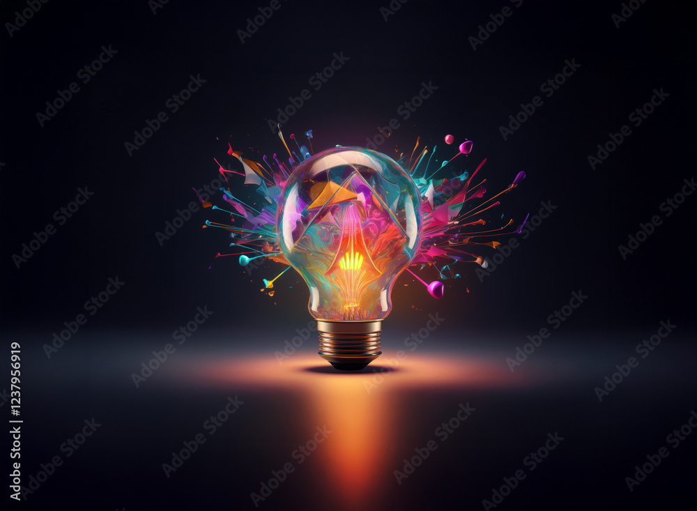 Poster a vibrant light bulb explodes with colorful paint splashes, symbolizing creativity and innovation. t