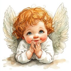 Fototapeta premium Christmas watercolor drawing of a child looking like an angel with wings